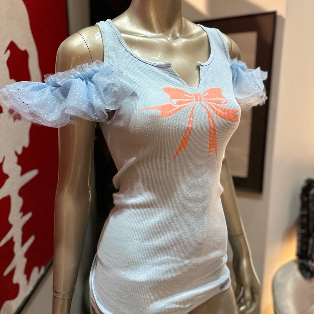 BOW DOWN distressed ribbon keyhole handmade tank flutter sleeves distressed M - Picture 8 of 11